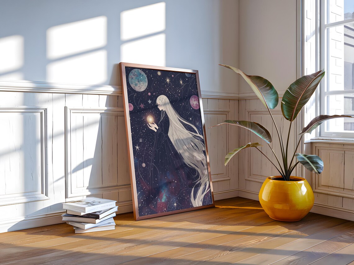 Anime Moon Keeper Woman White Hair Glowing Orb Starry Sky Poster - Image 4