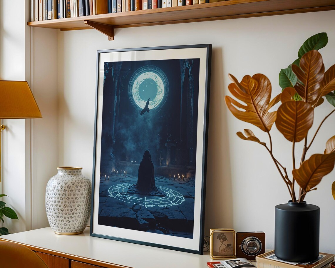Hooded Figure Moon Portal Crow Ritual Dark Fantasy Art Poster - Image 5