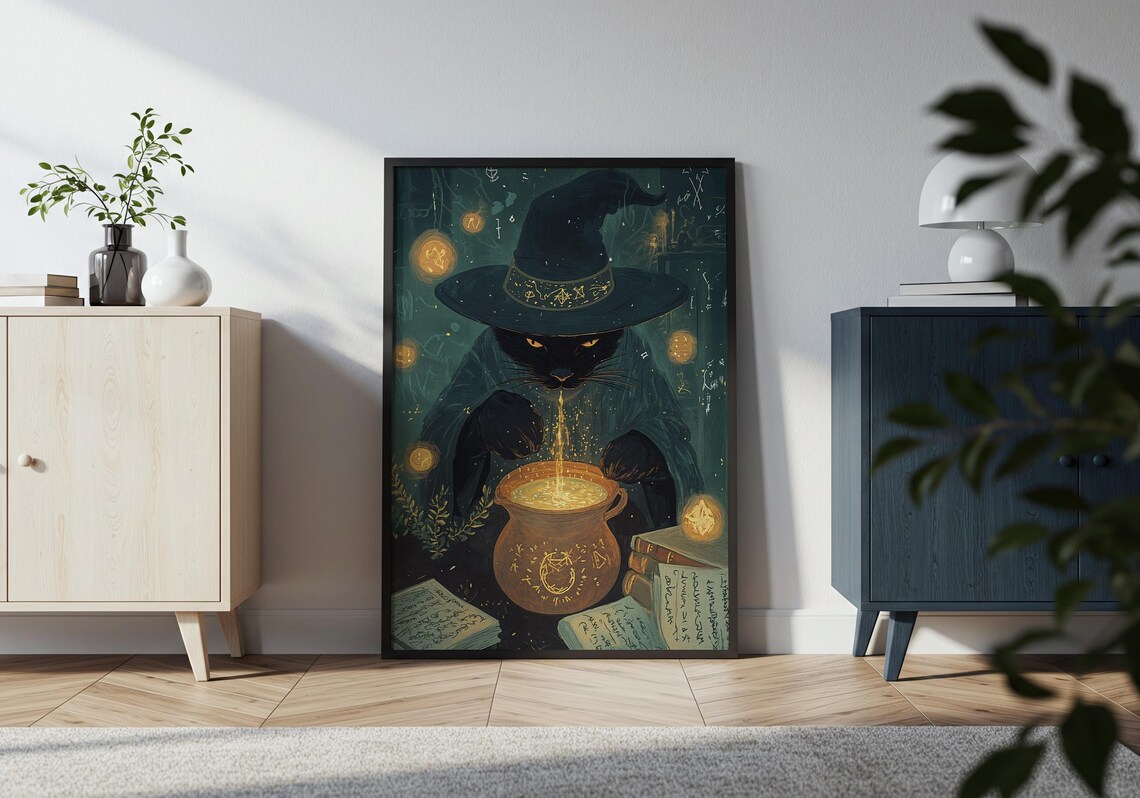 Witch Cat Stirring Golden Cauldron Spell Books Floating Orbs Fantasy Wall Art - Image 4