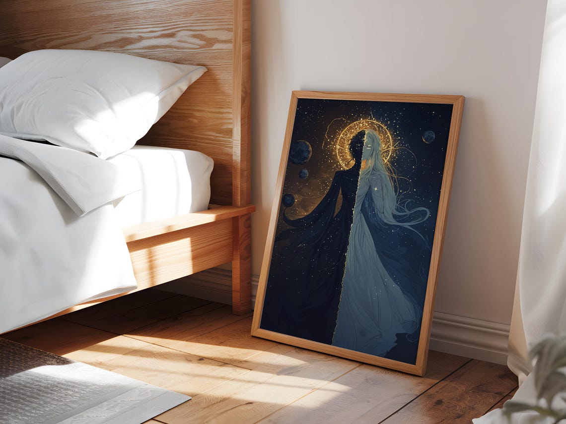 Celestial Goddess Gold Halo Dark Blue Cosmic Portrait Poster - Image 3