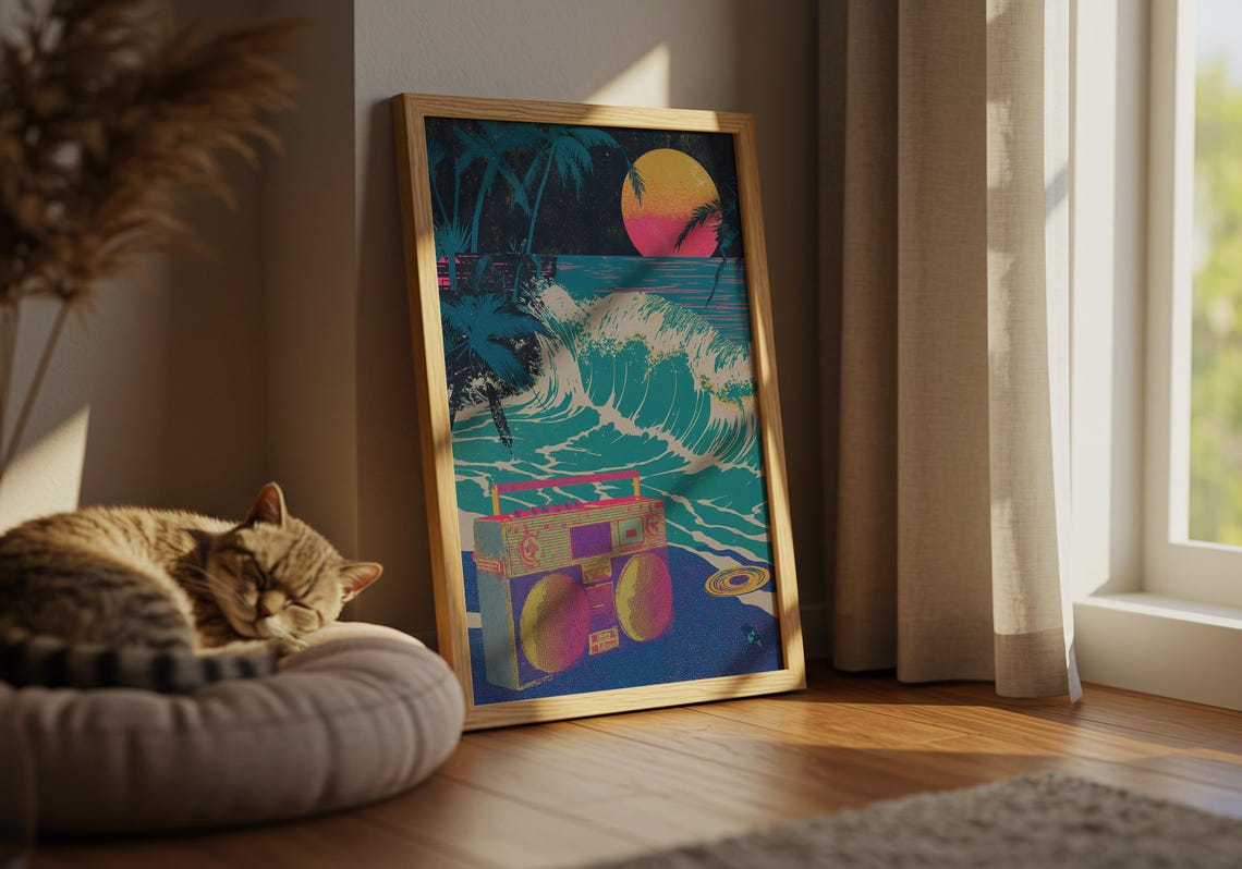 Retro Boombox Tropical Beach Sunset Neon Wave Pop Art Poster - Image 2