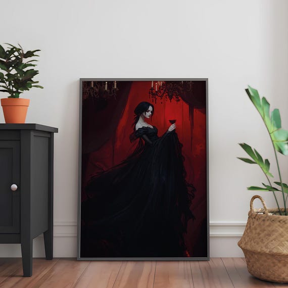 Gothic Vampire Lady Art Print Dark Elegance Blood Red Horror Fantasy Wall Decor