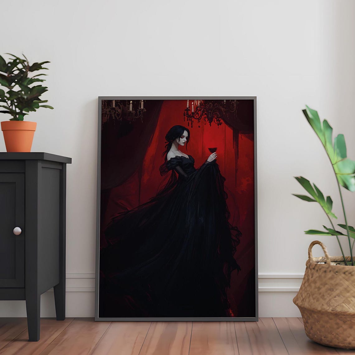 Gothic Lady Black Gown Red Curtain Wine Glass Romance Art Poster