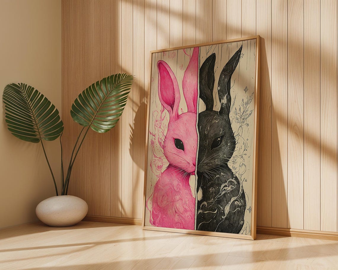 Split Pink Black Rabbit Zipper Surreal Duality Bunny Art Poster - Image 2
