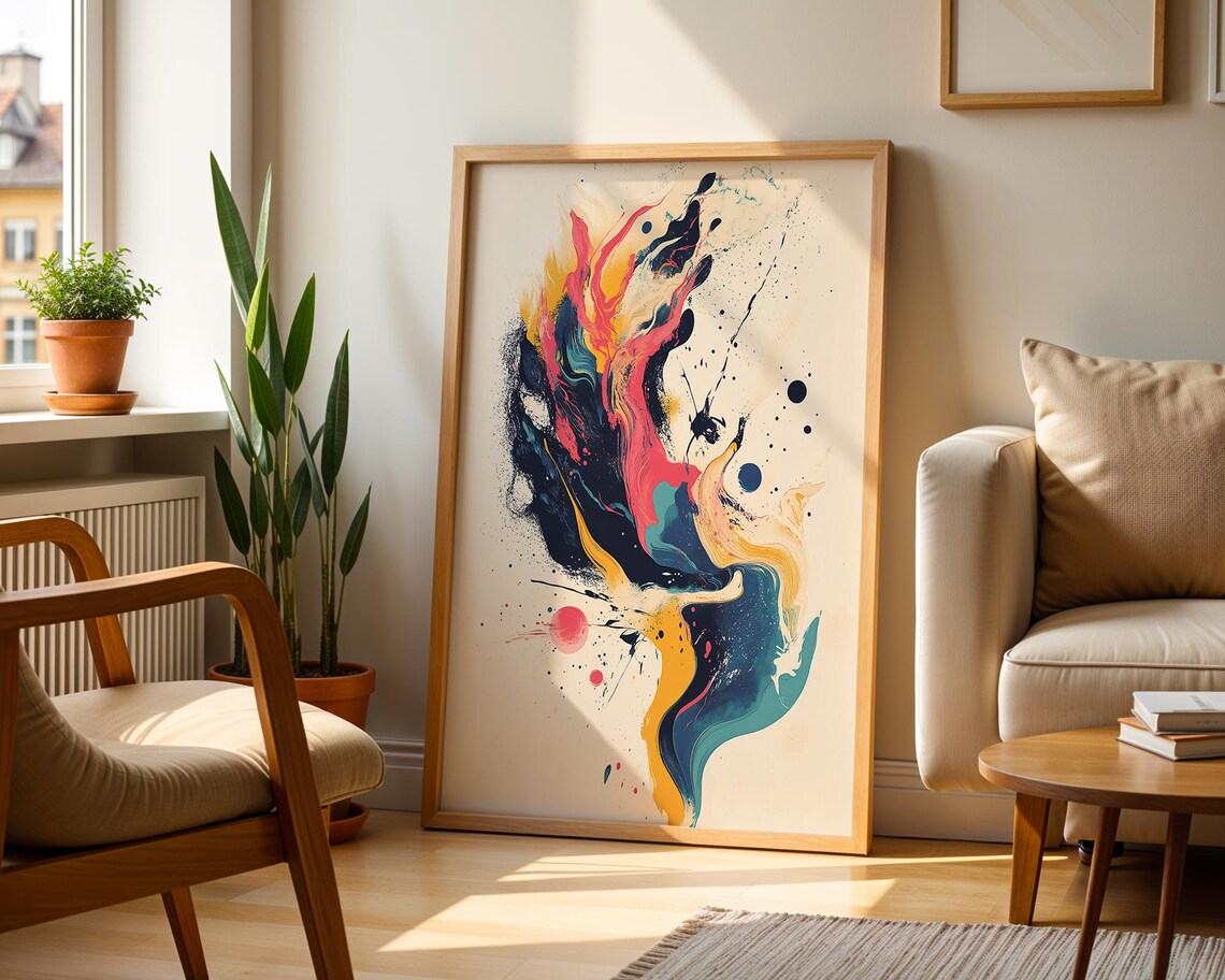 Bold Fluid Abstract Art Print Navy Pink Teal Ink Swirl Painting - Image 5