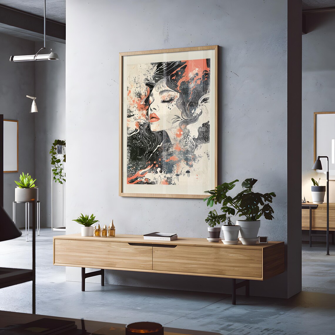 Dreamy Expressive Woman Portrait Coral Ink Splash Art Wall Poster - Image 5