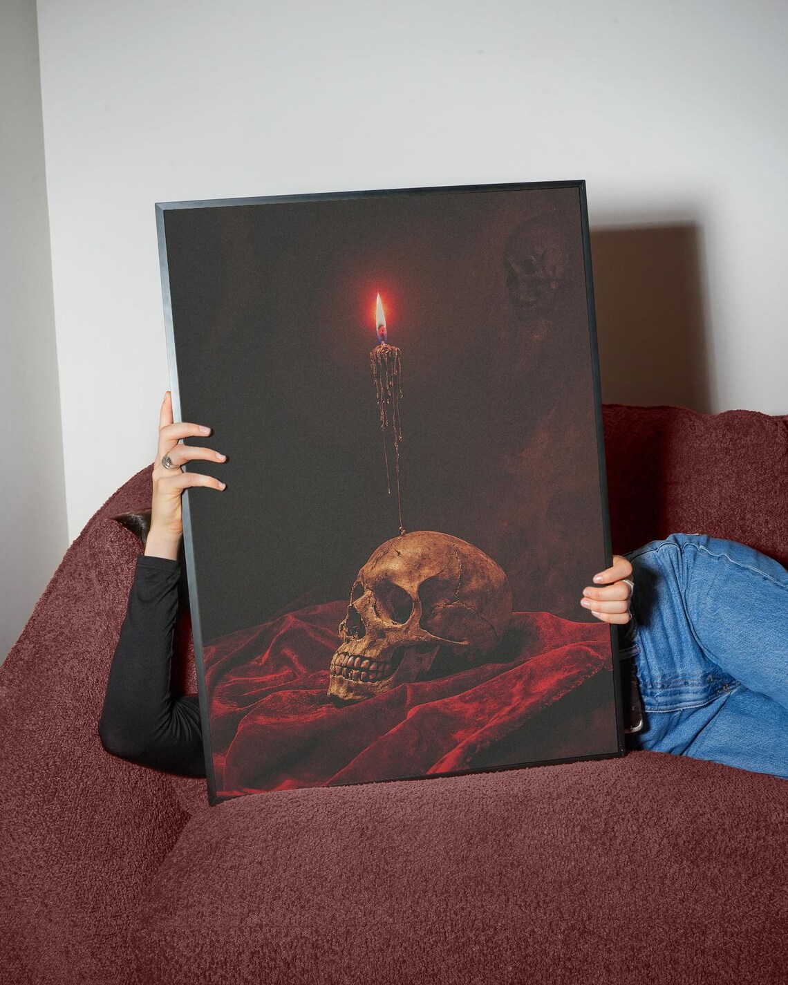 Gothic Skull with Burning Candle on Dark Red Velvet Memento Mori Poster - Image 2