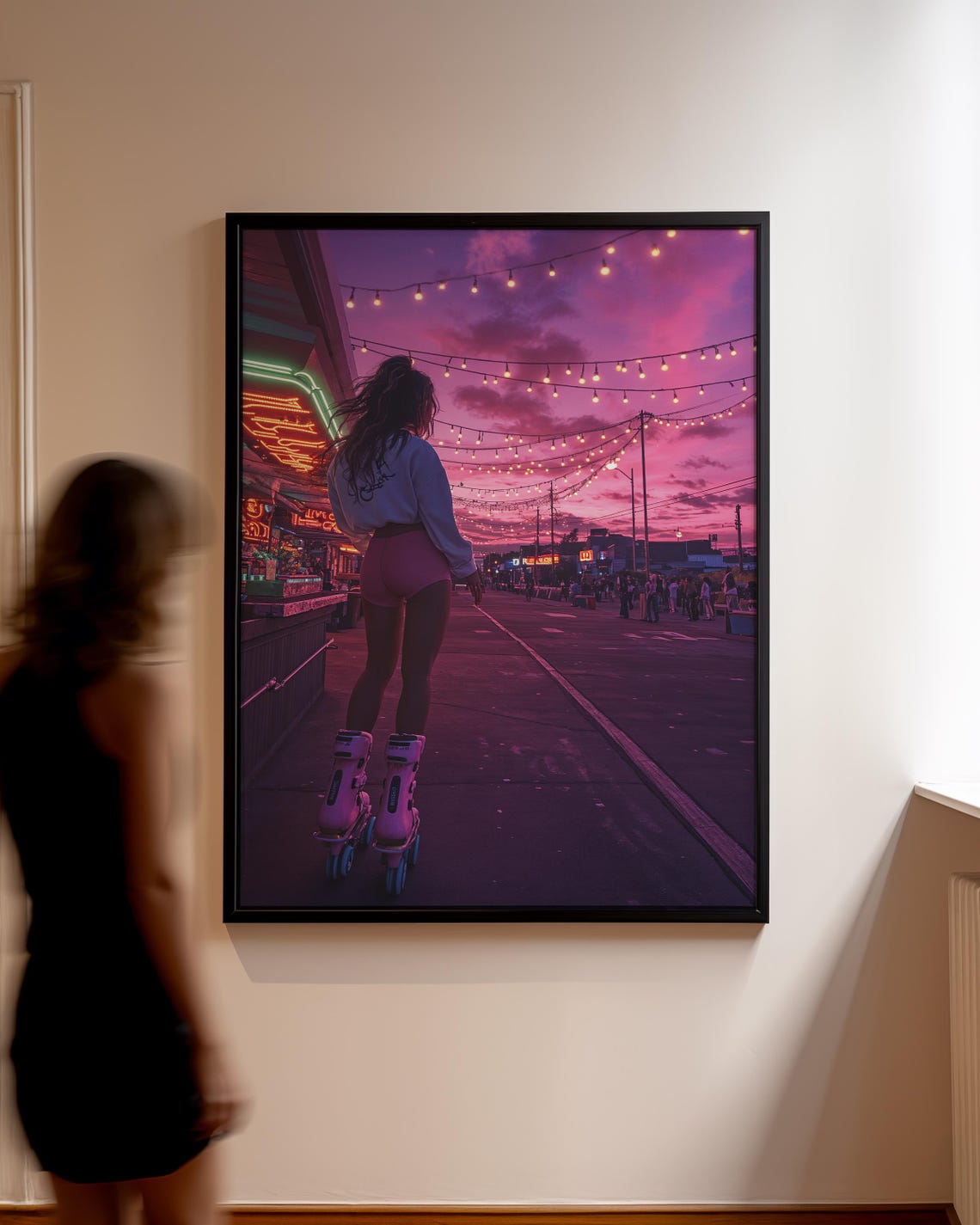 Roller Skater Sunset Boardwalk String Lights Retro Neon Art Poster - Image 4