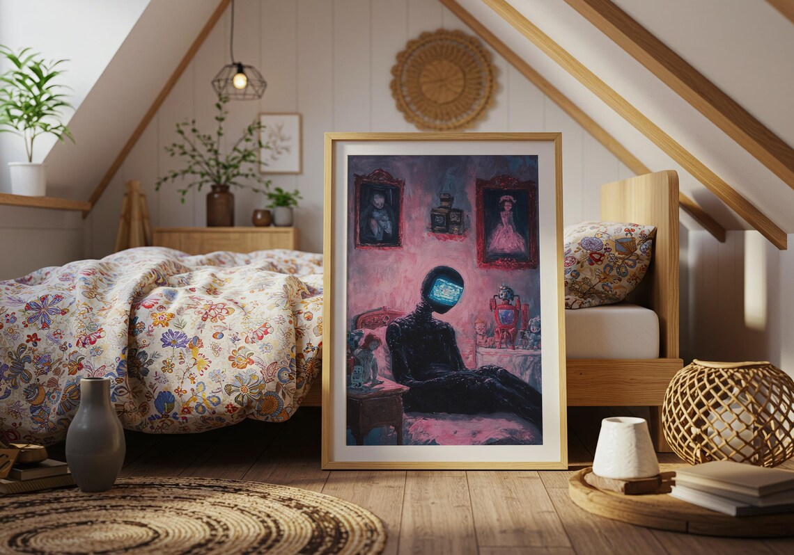 TV Head Robot Figure Vintage Bedroom Pink Retro SciFi Mood Poster - Image 4