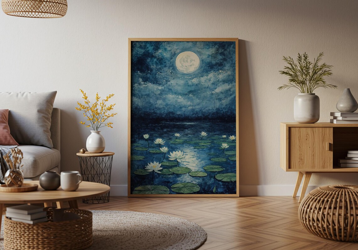 Moonlit Water Lily Lake Art Print Full Moon Night Lotus Painting - Image 4