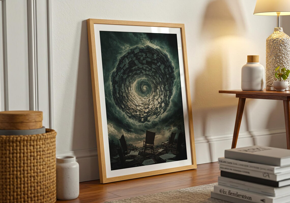 Dark Vortex Whirlwind Paper Pages Stormy Sky Surreal Chaos Art Poster - Image 3