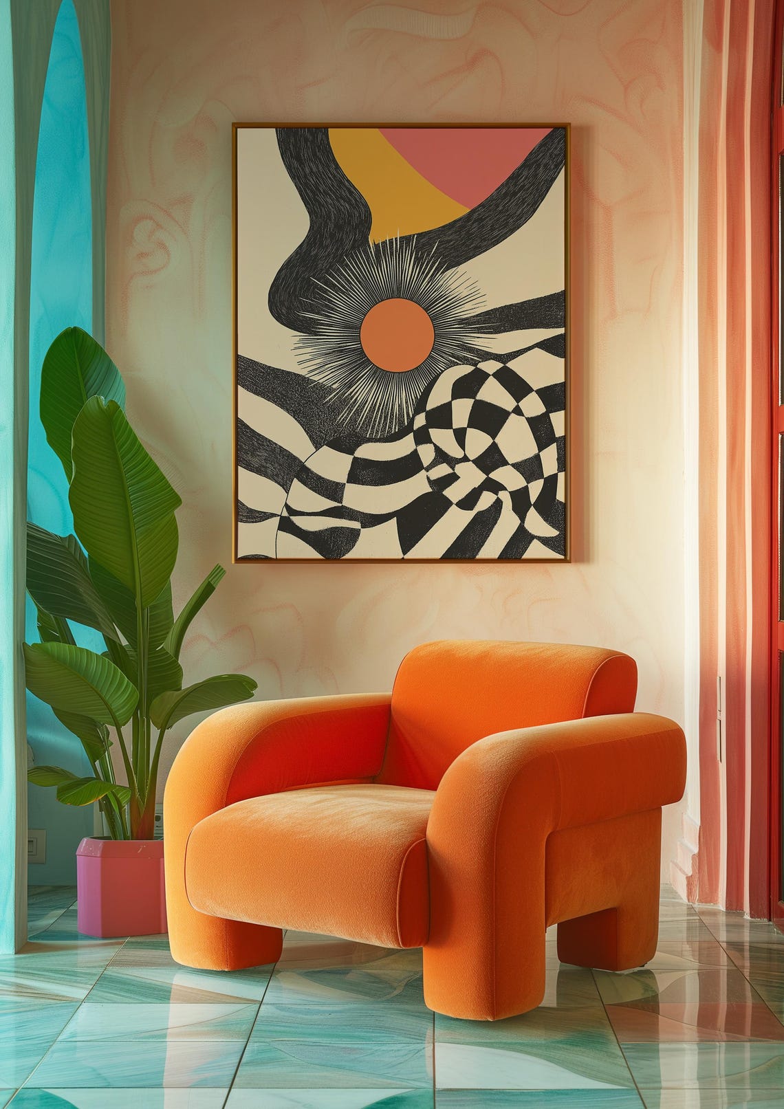 Retro Groovy Geometric Sunburst Abstract Black Wavy 70s Art Poster - Image 2