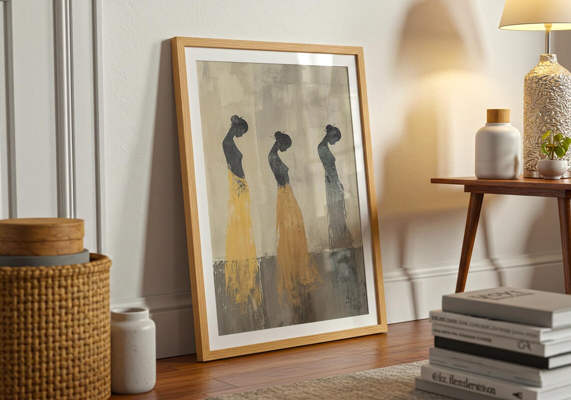 Three Elegant Female Silhouettes in Gold and Grey Minimal Art Poster - Image 5