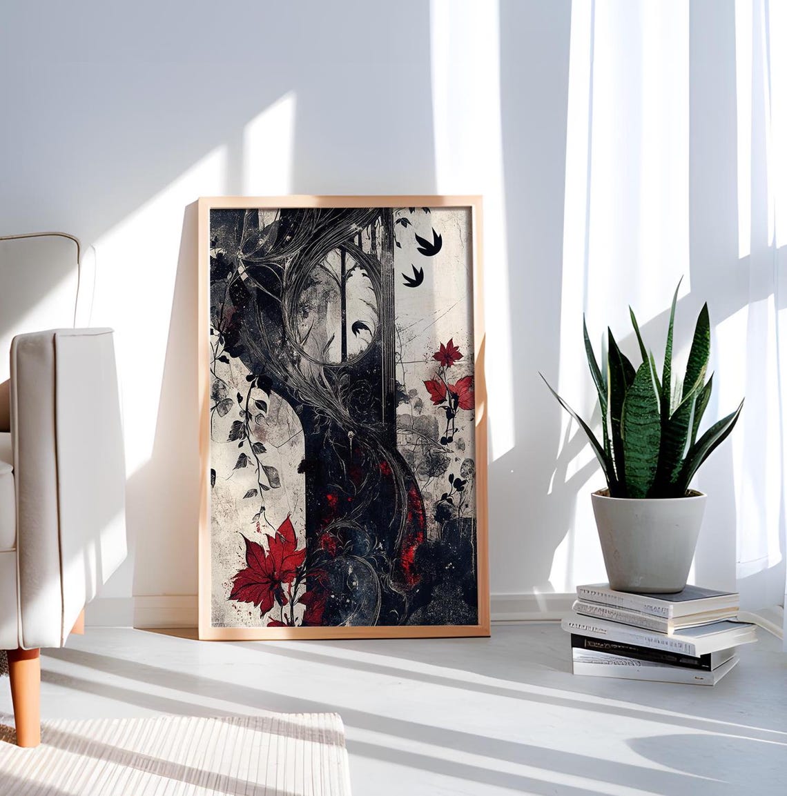 Gothic Window Dark Vine Art Print Red Flower Grunge Botanical