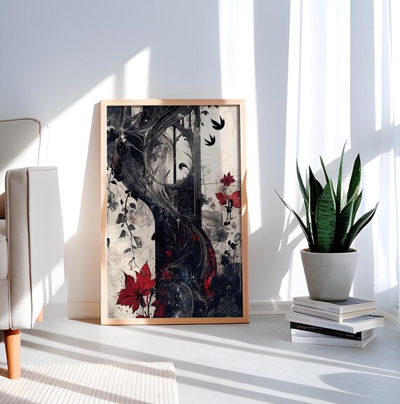 Gothic Window Dark Vine Art Print Red Flower Grunge Botanical