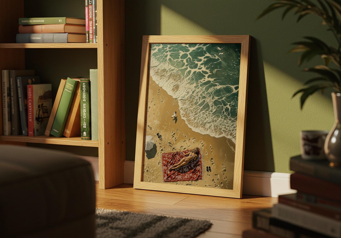 Aerial Beach Sunbather Red Blanket Turquoise Waves Golden Sand Coastal Wall Art - Image 4