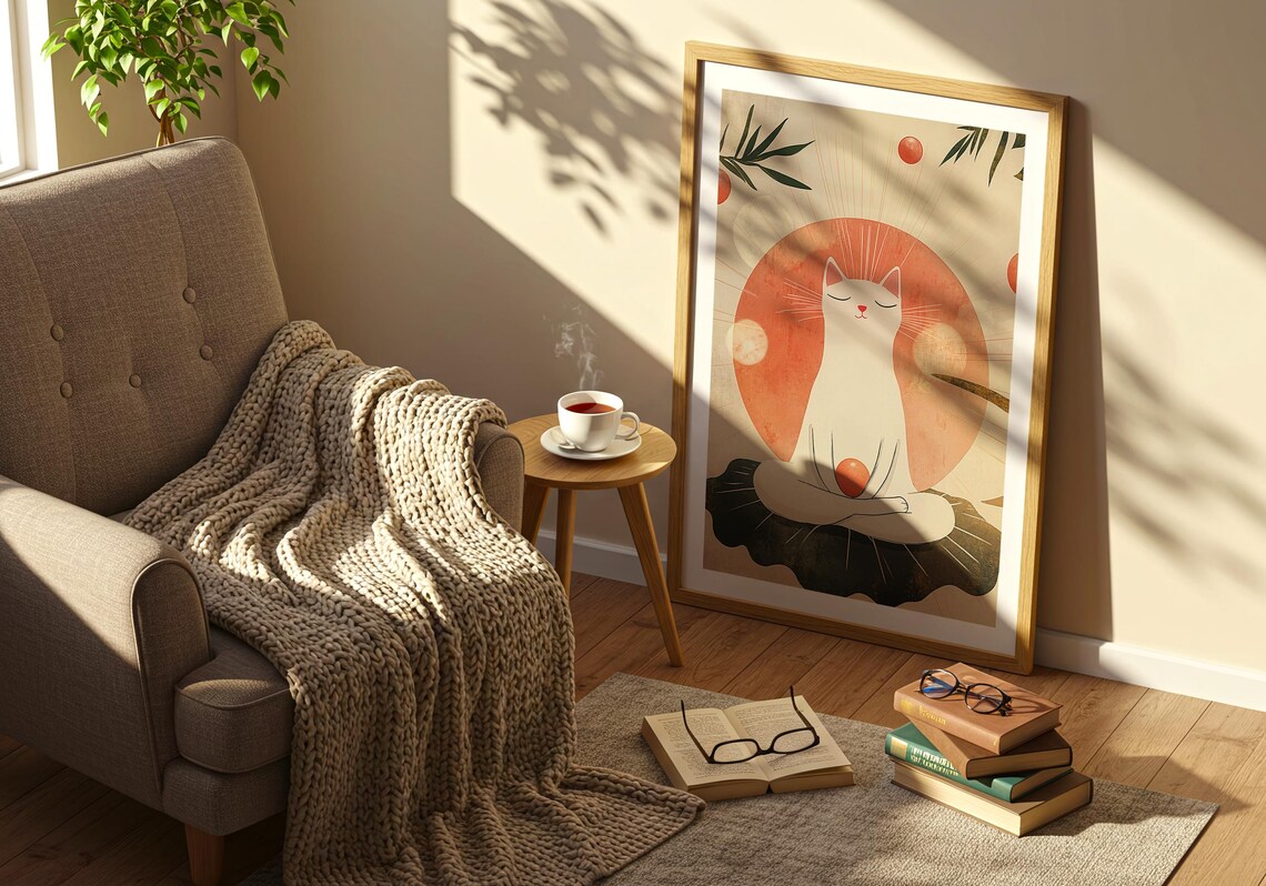 White Cat in Lotus Meditation Pose with Red Sun and Leaves Art Poster - Image 3