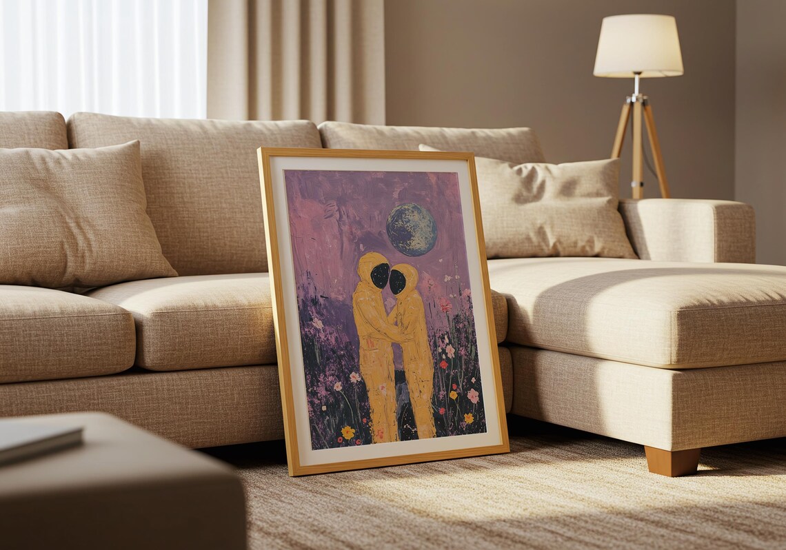 Astronaut Lovers Embracing in a Flower Field Under a Big Moon Poster - Image 5