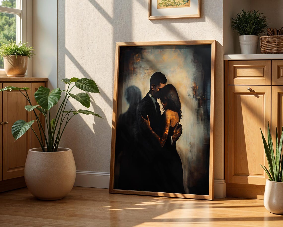 Romantic Couple Embrace Moody Painterly Dark Love Wall Poster - Image 2