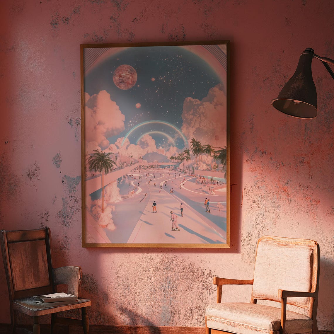 Dreamy Skatepark Pink Clouds Disco Ball Moon Surreal Wall Poster - Image 3