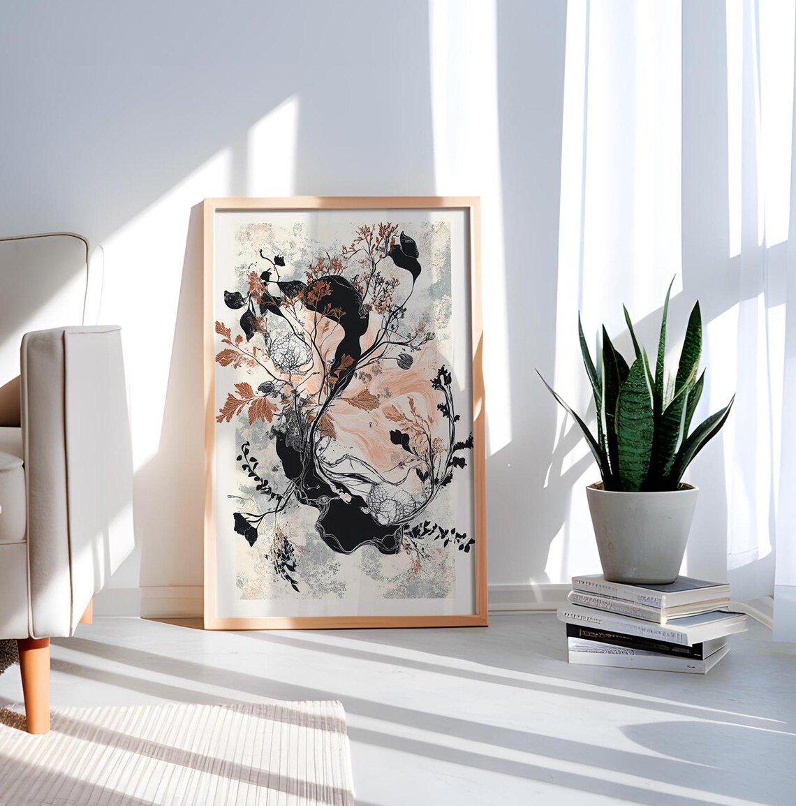 Black Copper Botanical Ink Art Poster Elegant Floral Branch Decor