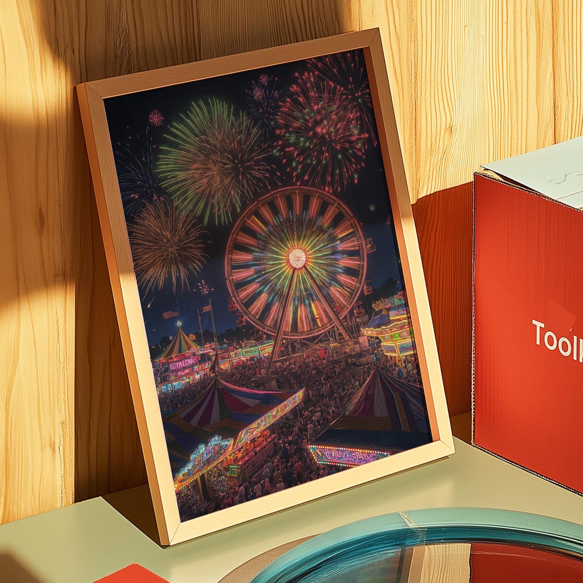 Fireworks Over Crowded Carnival Midway Ferris Wheel Night Poster - Image 5
