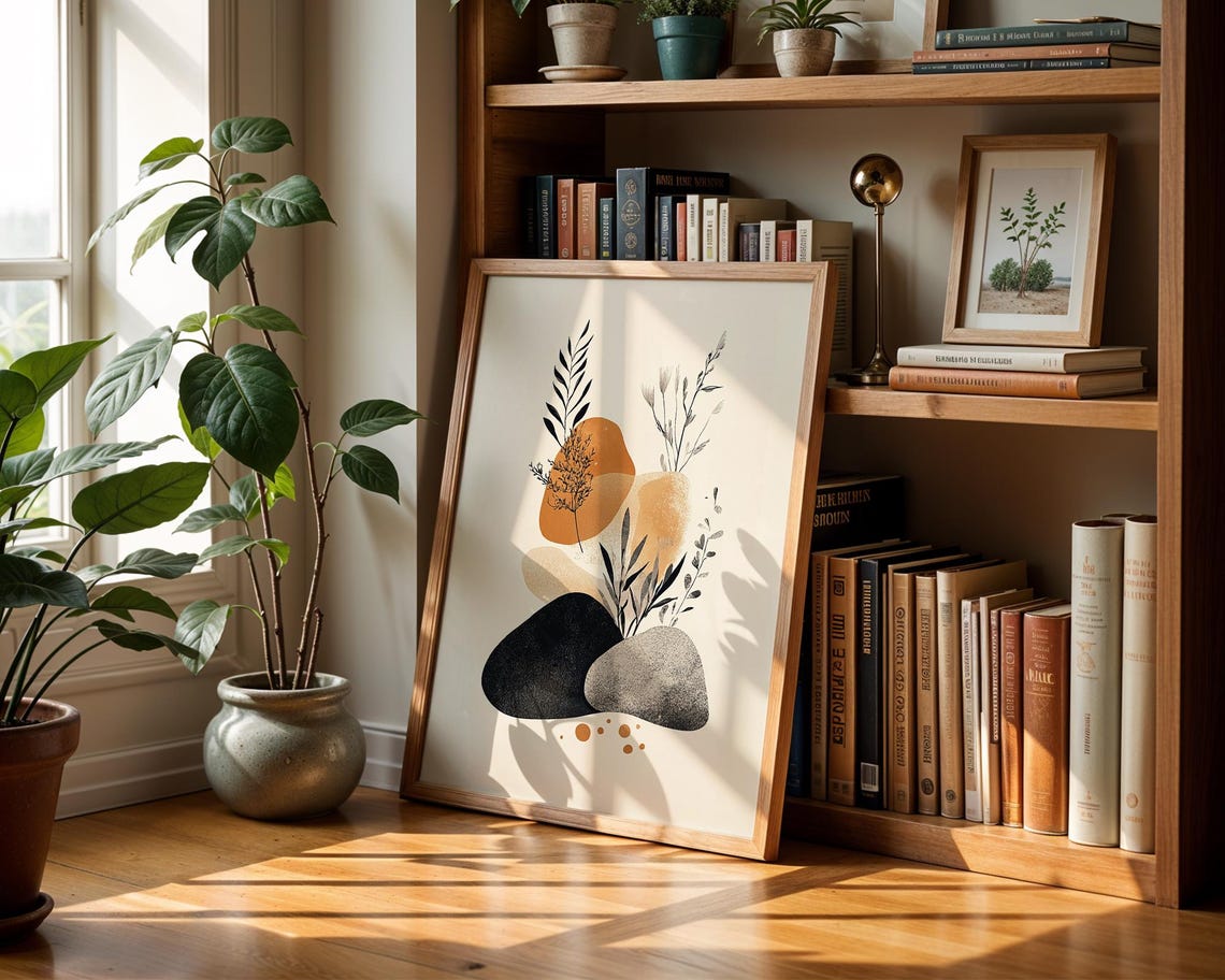 Terracotta Botanical Abstract Art Print Black Leaves Boho Wall Decor - Image 2