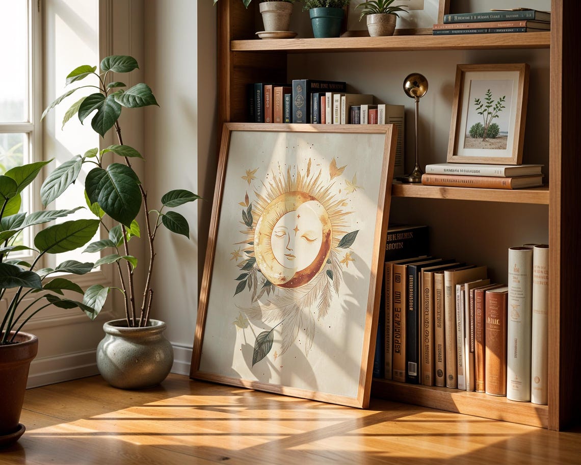 Golden Celestial Sun Moon Face Botanical Mystical Boho Poster - Image 2