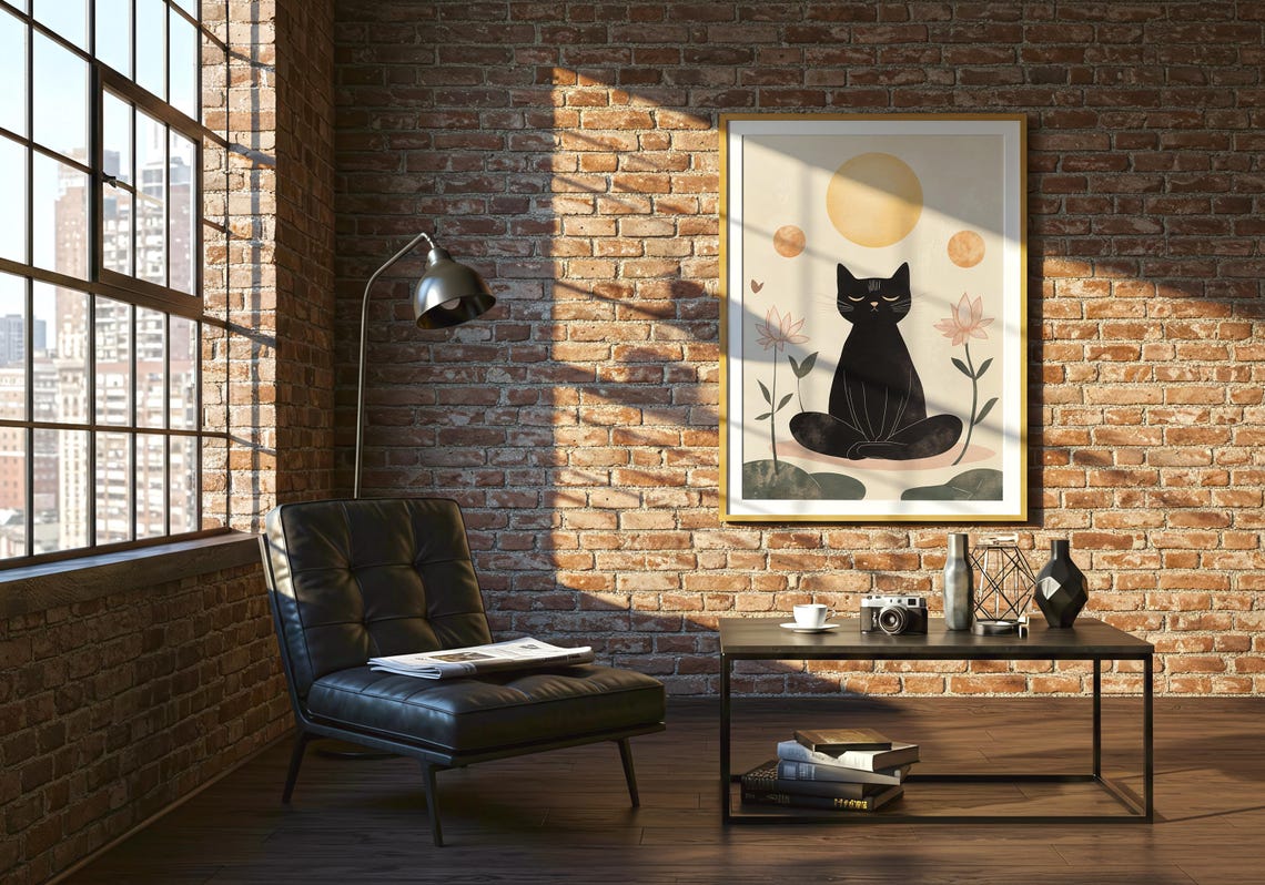 Black Cat Meditating in Lotus Pose with Golden Sun Boho Art Poster - Image 2