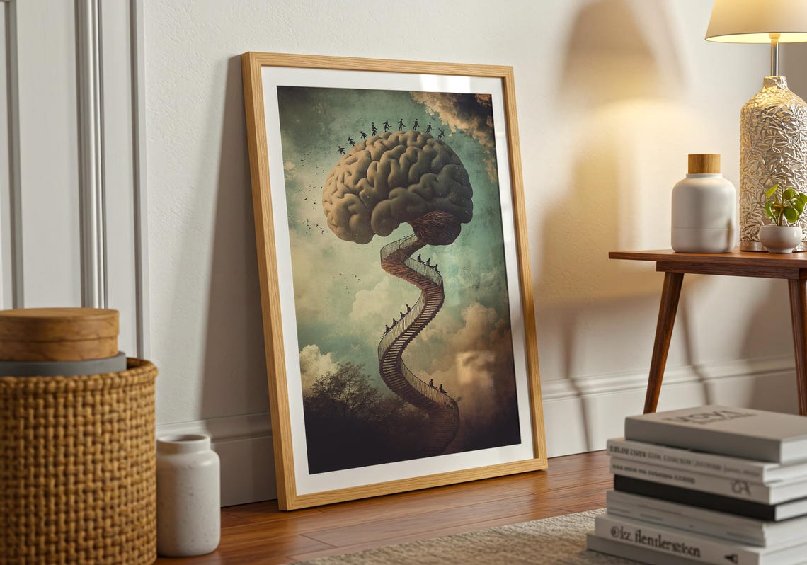 Brain Spiral Staircase Tiny Climbers Surreal Mind Journey Art Poster - Image 2