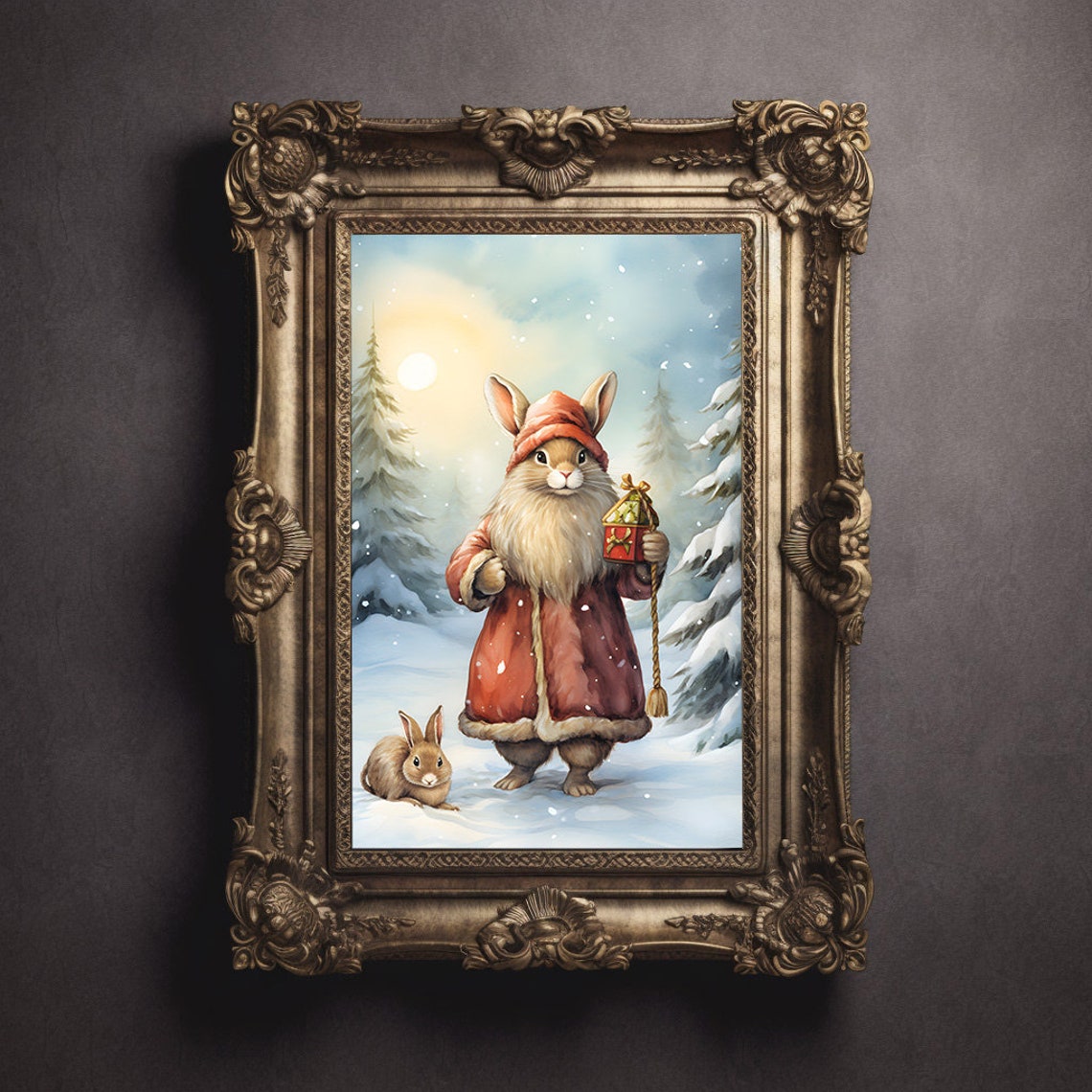 Bunny Santa With Lantern In Snowy Forest Watercolor Wall Art - Image 3
