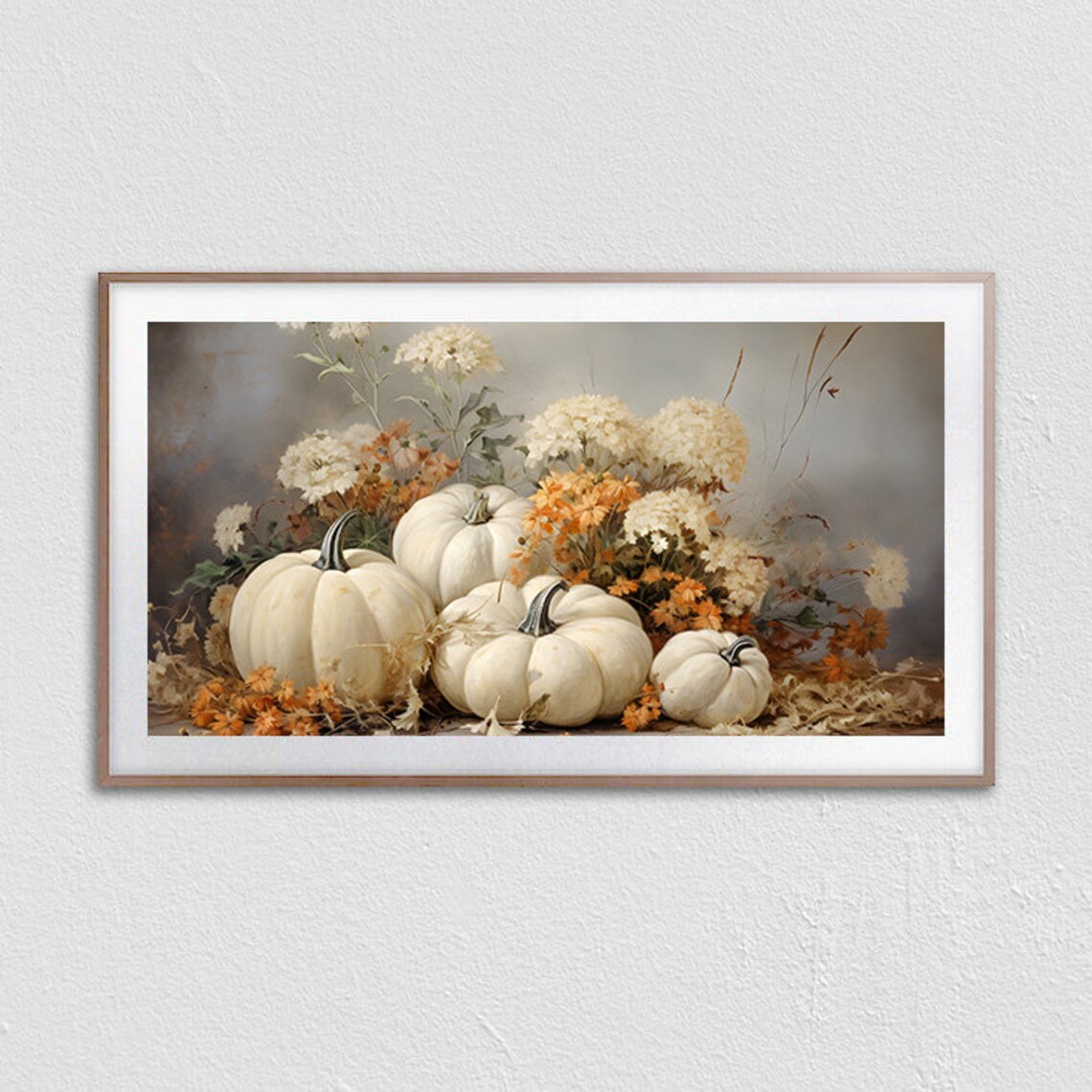 White Pumpkins And Autumn Flowers Fall Still Life Painting Poster - Image 2