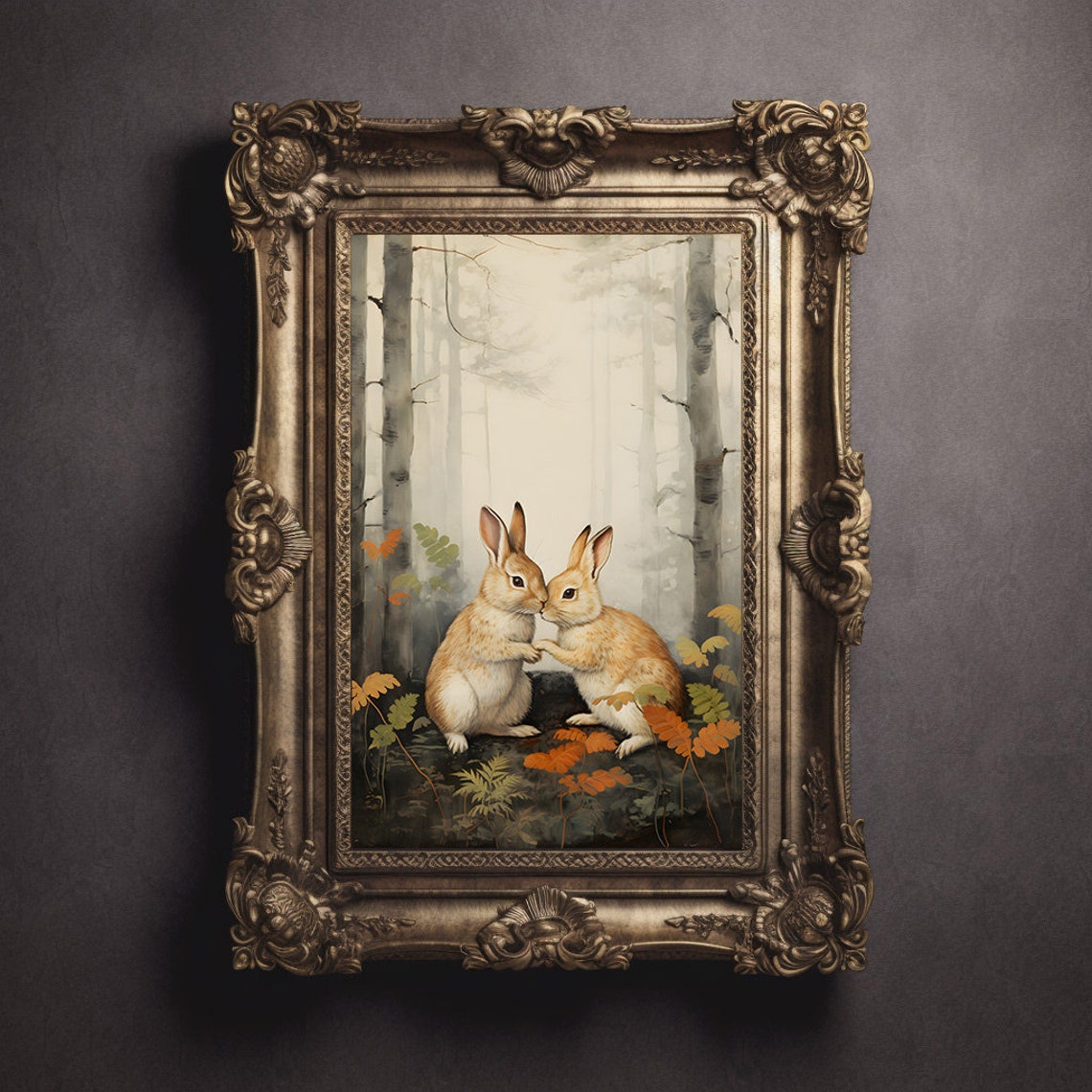 Two Cute Bunnies Nose Touch Misty Autumn Forest Nursery Print - Image 2