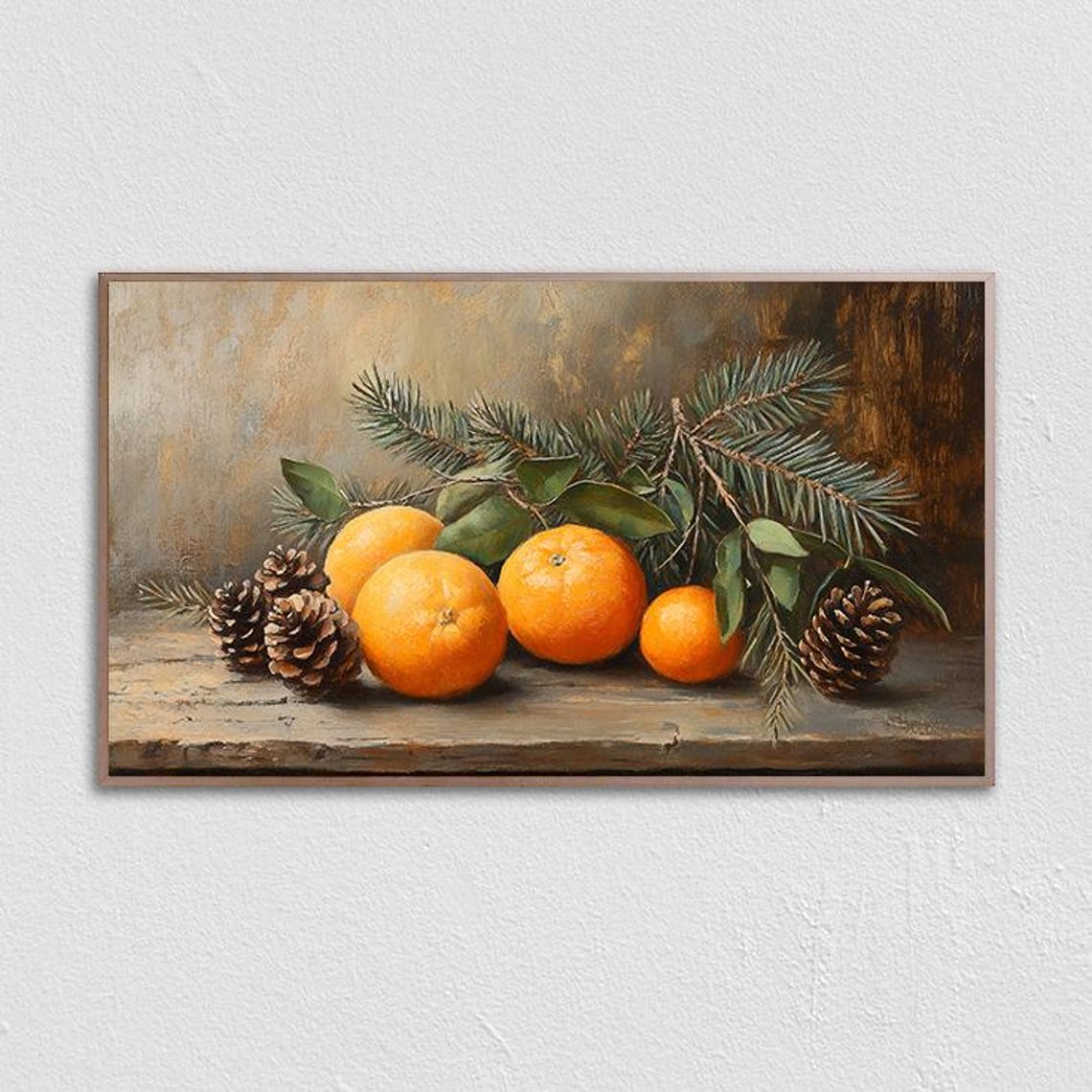 Rustic Oranges with Pinecones and Evergreen Branches Still Life Poster
