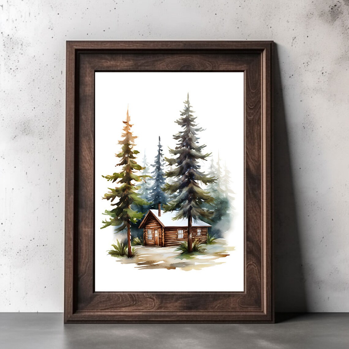 Log Cabin Watercolor Pine Trees Minimalist Winter Art Poster - Image 2
