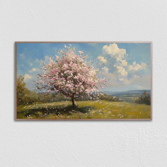 Blooming Cherry Tree Over Rolling Hills Spring Meadow Poster
