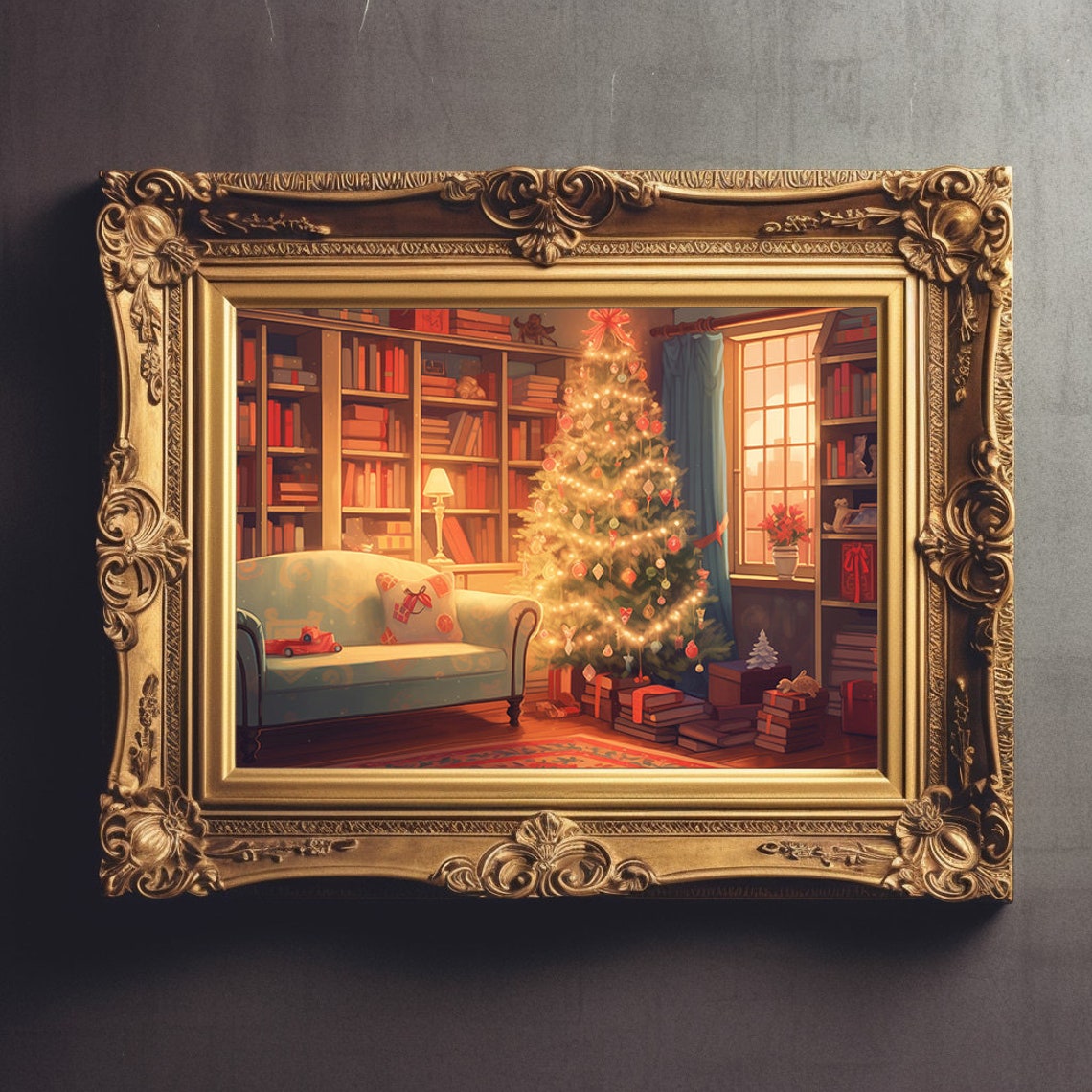 Warm Christmas Living Room Library With Glowing Lit Tree Poster - Image 3