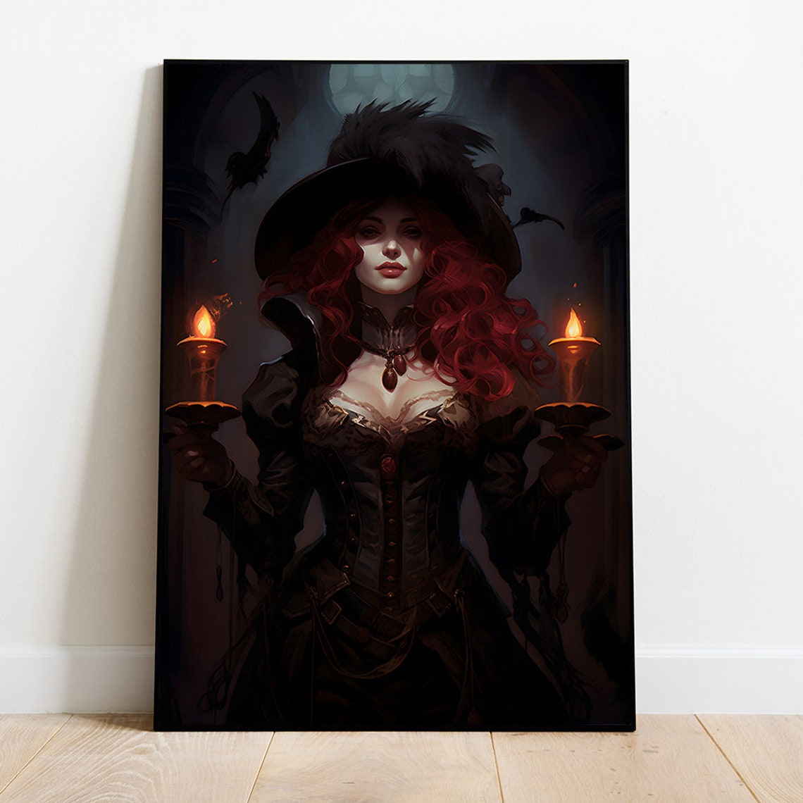 Red Haired Witch Holding Candles Dark Gothic Fantasy Art Poster