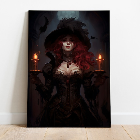 Red Haired Witch Holding Candles Dark Gothic Fantasy Art Poster