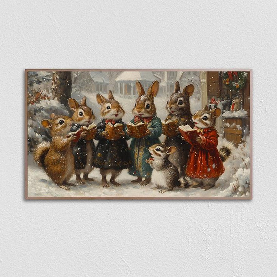 Cute Woodland Animals Christmas Caroling in Snow Vintage Style Poster