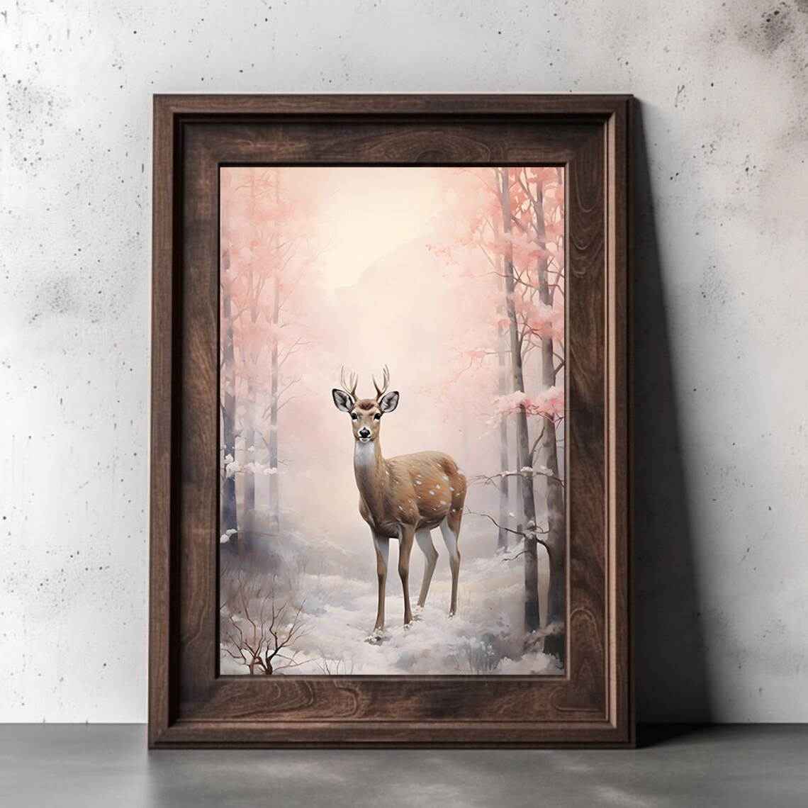 Spotted Deer Standing In Blush Pink Snowy Forest Watercolor Wall Art - Image 3