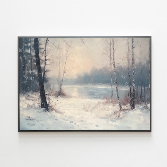 Snowy Path Between Birch Trees to Frozen Lake Winter Dawn Painting Poster