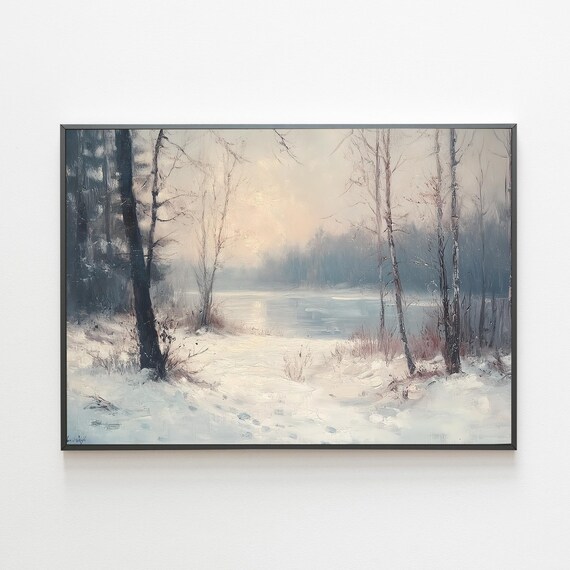 Winter Landscape Painting Moody Country Landscape Vintage Winter Rustic Wall Art Nordic Poster Pine Trees Wall Art