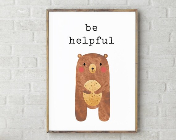 Be Helpful Cozy Brown Watercolor Bear Nursery Affirmation Poster