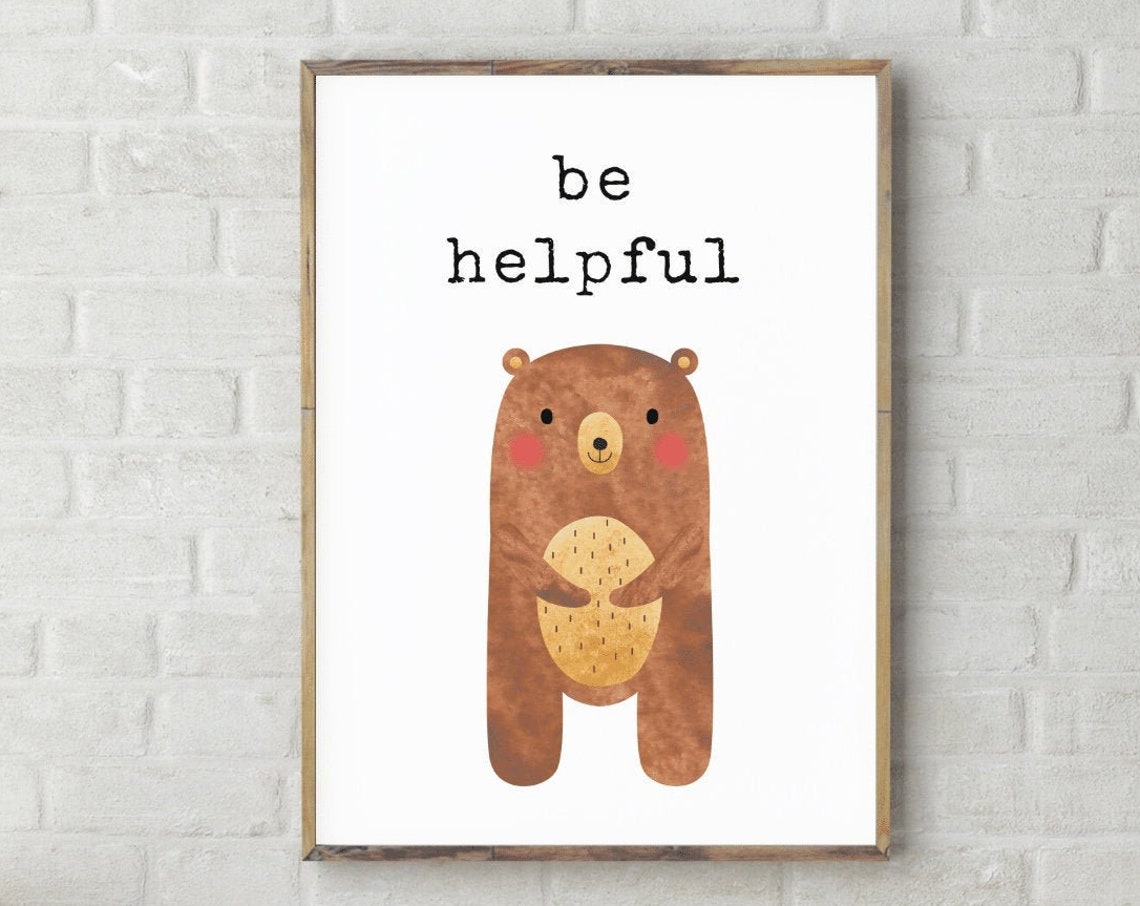 Be Helpful Cozy Brown Watercolor Bear Nursery Affirmation Poster
