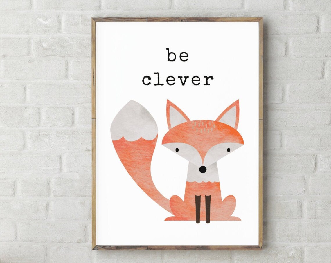 Be Clever Watercolor Fox Kids Nursery Growth Mindset Wall Art
