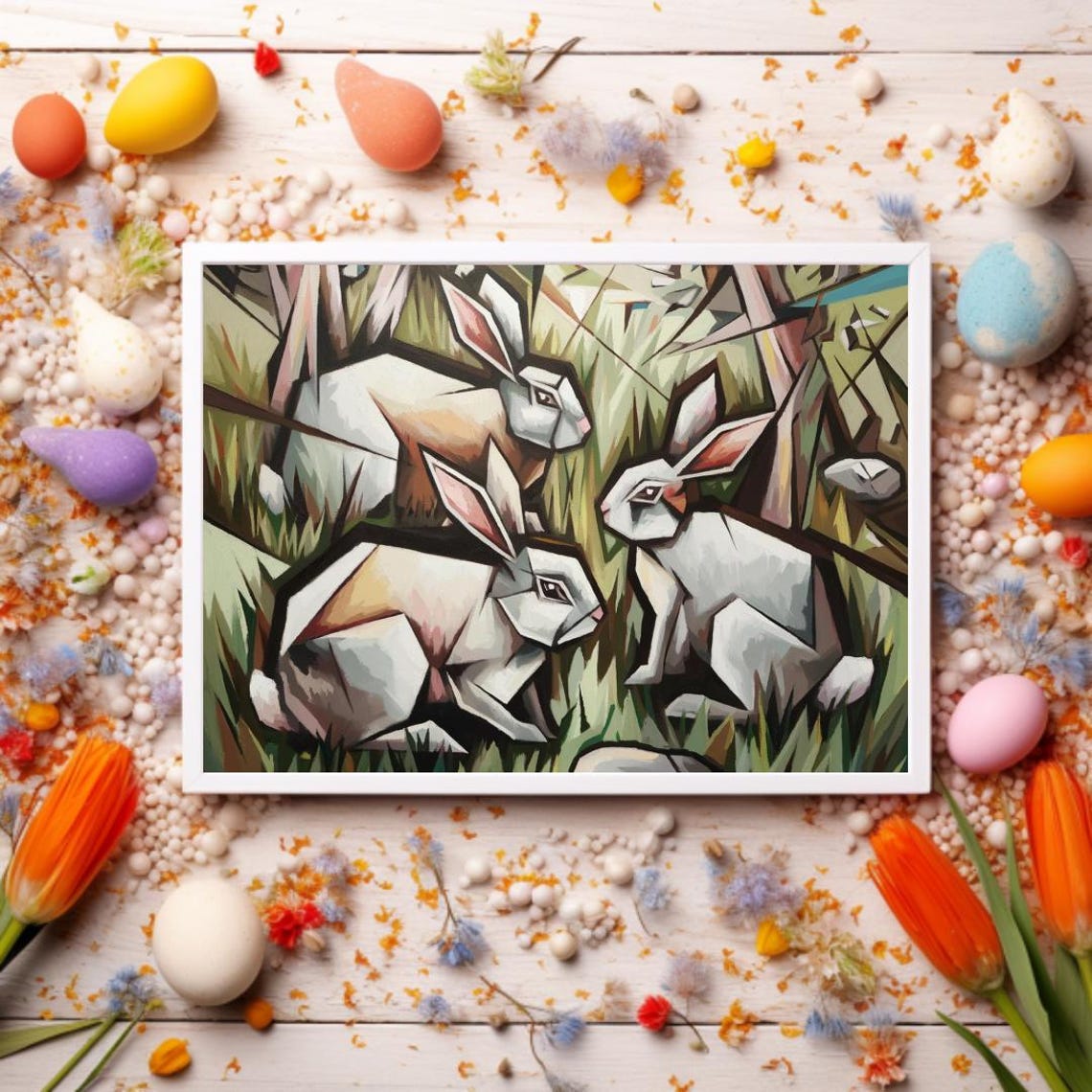 Three Rabbits In A Cubist Style Meadow Abstract Wildlife Art Poster - Image 3