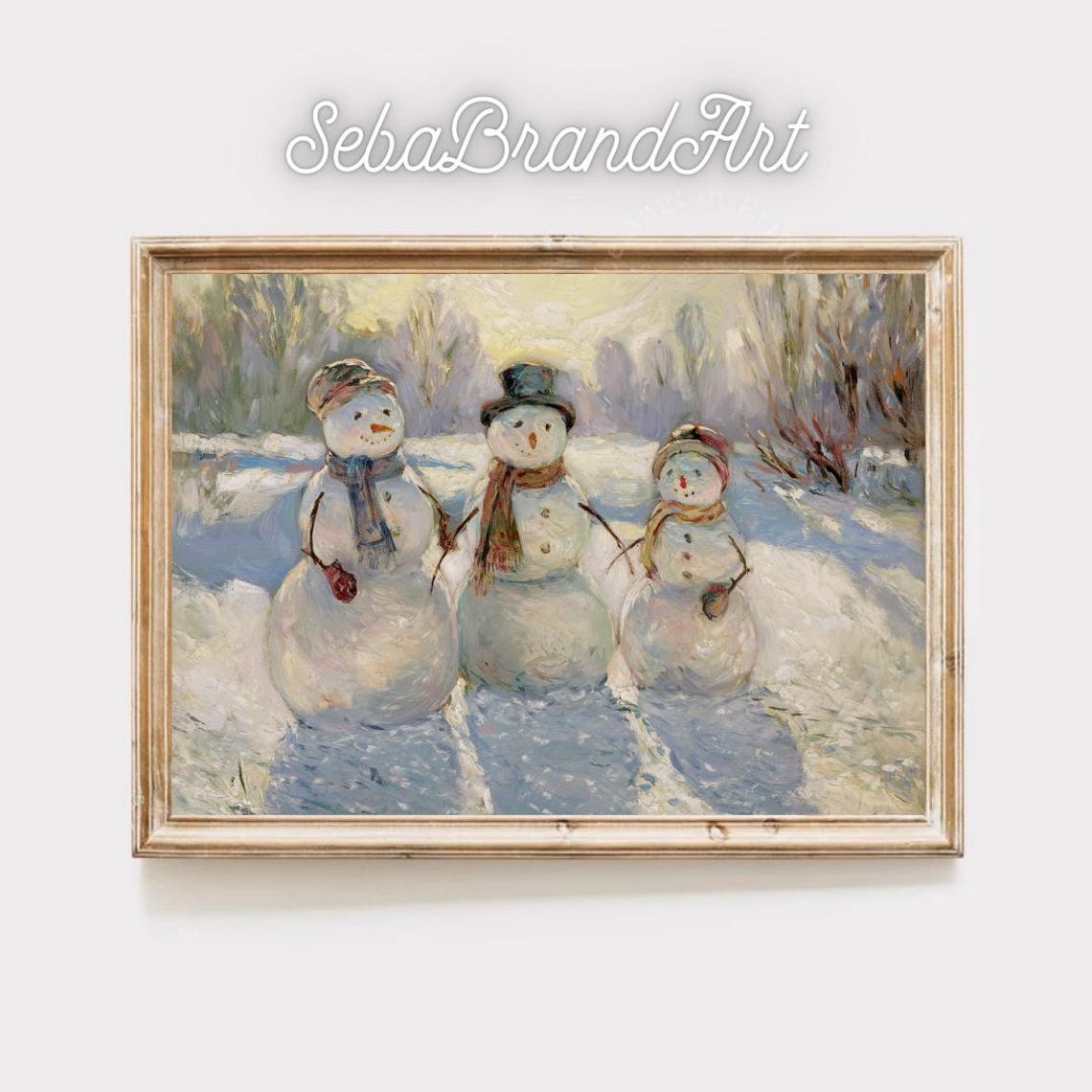 Three Snowmen In Sunny Winter Field Impressionist Holiday Art Poster