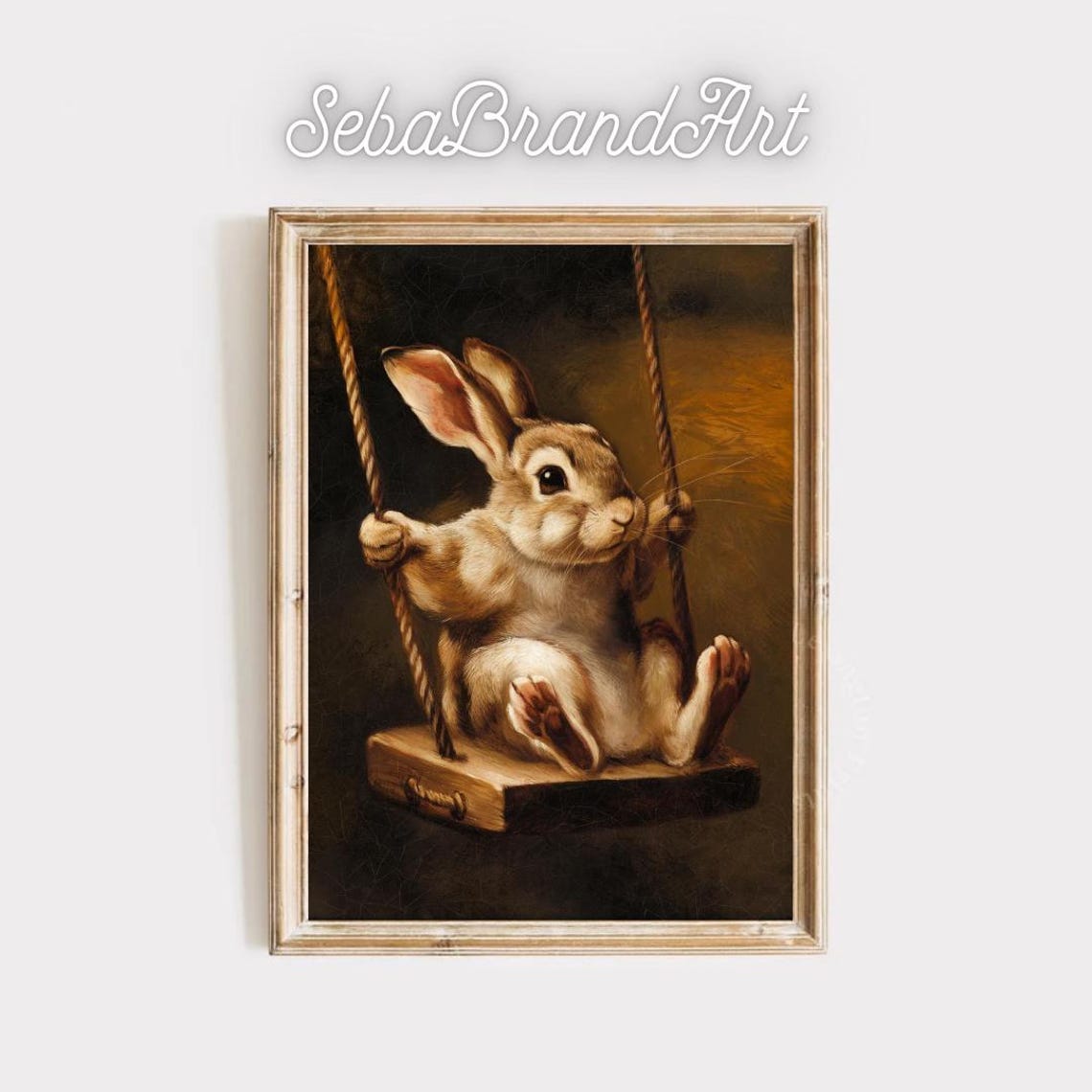 Bunny On A Wooden Swing Baroque Style Rabbit Portrait Art Poster