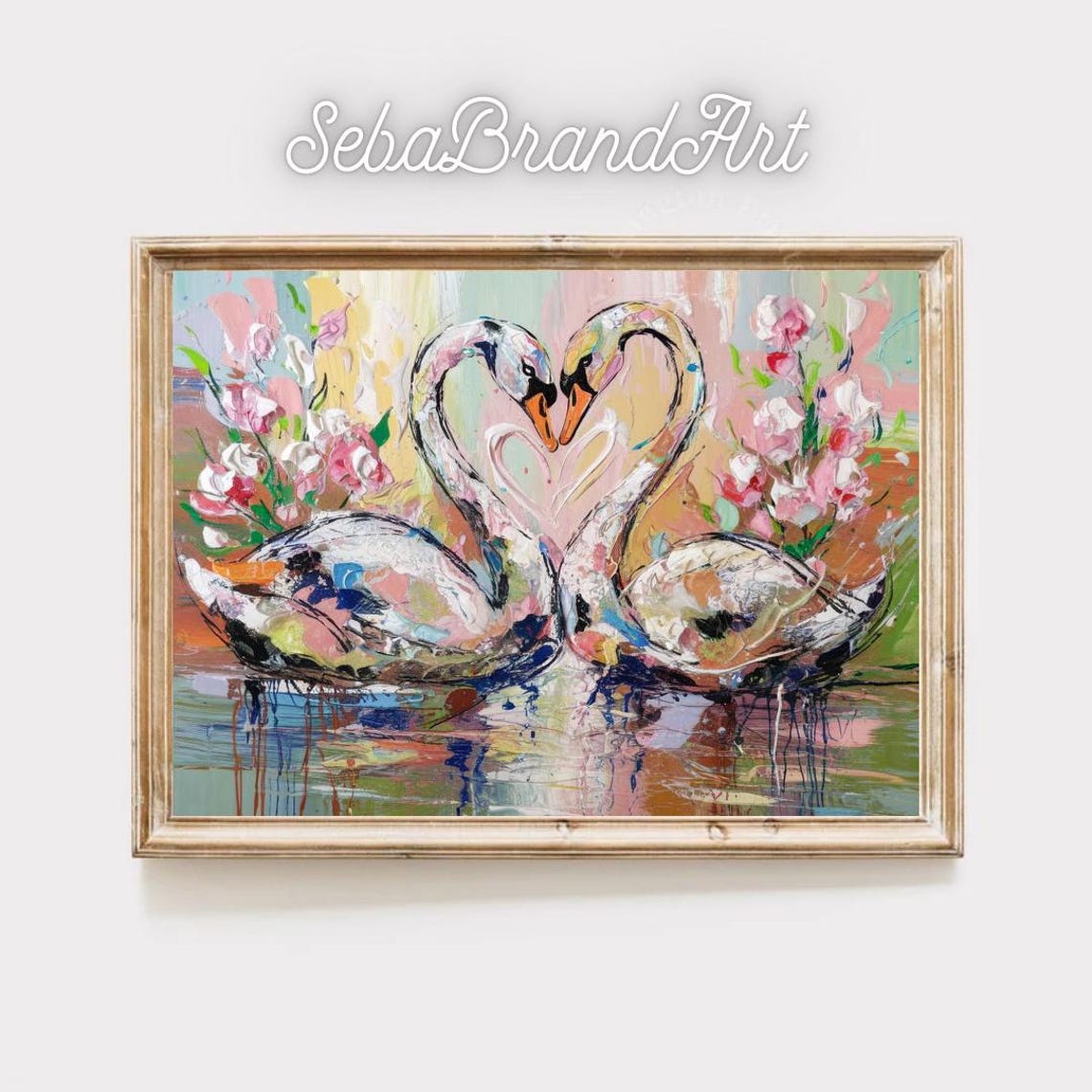 Two Swans Forming Heart Abstract Expressionist Floral Love Art Poster